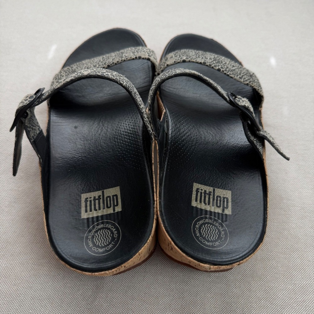 Fitflop Sz 10 Stack Slide Sandal Black White Cirque Print Platform Wedge Comfort - Picture 2 of 7